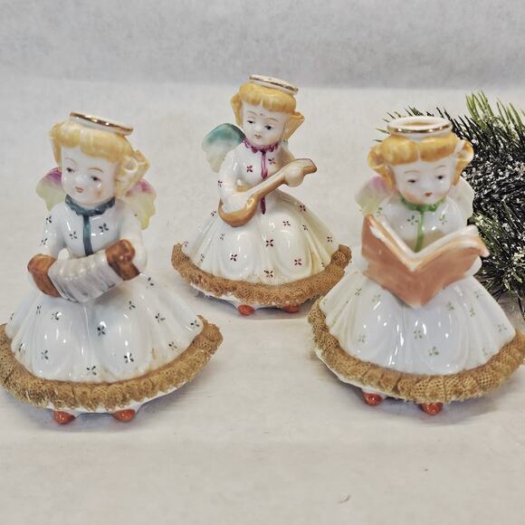 3 Vintage Christmas Angels Figurines Instruments Ucagco Japan Netting Trim - Picture 11 of 13
